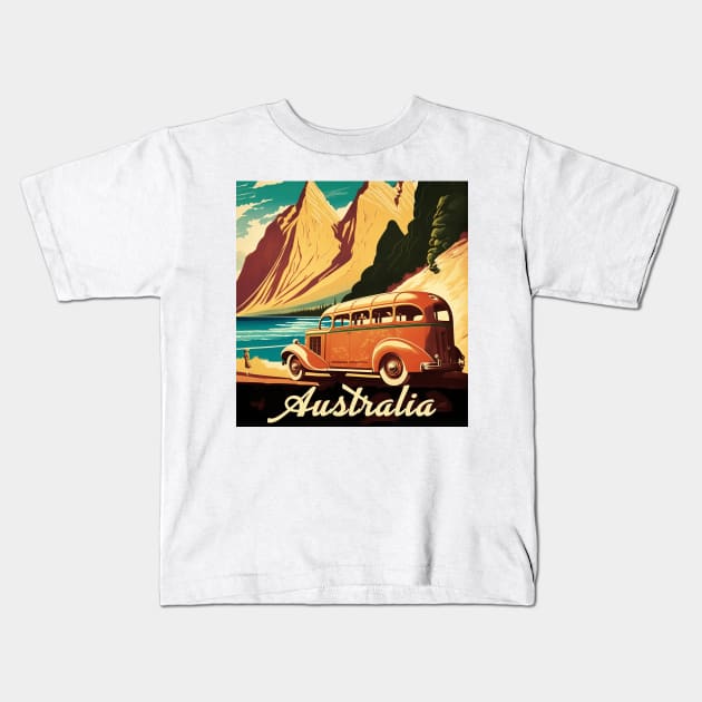 Australia Coastline Mountains Vintage Travel Art Poster Kids T-Shirt by OldTravelArt